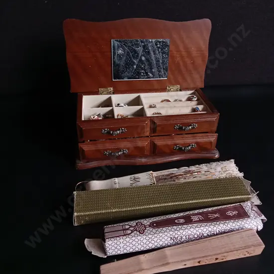 WOODEN JEWELLERY BOX INCLUDING CONTENTS AND TWO FANS