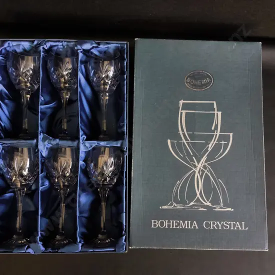SET OF 6 BOHEMIA CRYSTAL WINE GLASSES, BOXED