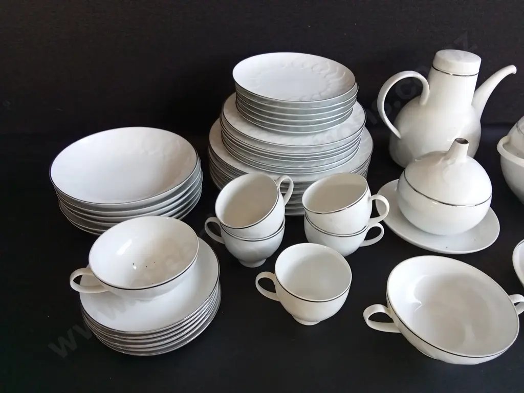 VINTAGE ROSENTHAL STUDIO LINE "LOTUS" PLATINUM TRIM DINNER & COFFEE SERVICE SET, MID CENTURY MODERN PORCELAIN, 44 PIECES Image 1++