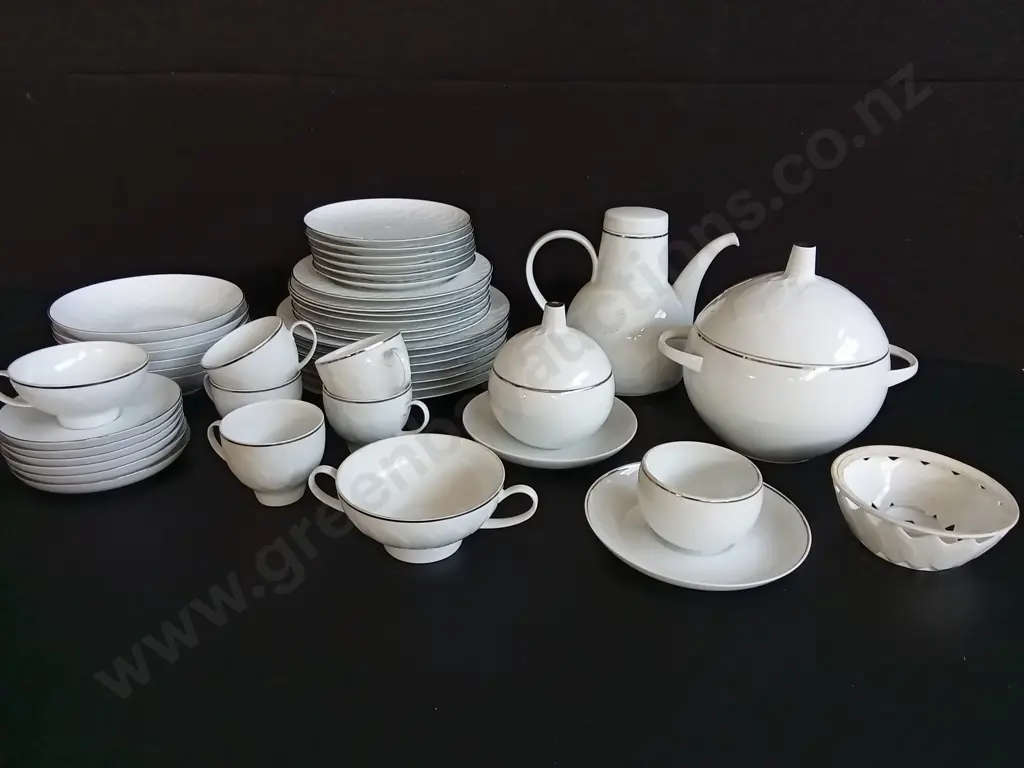 VINTAGE ROSENTHAL STUDIO LINE "LOTUS" PLATINUM TRIM DINNER & COFFEE SERVICE SET, MID CENTURY MODERN PORCELAIN, 44 PIECES Image 1++