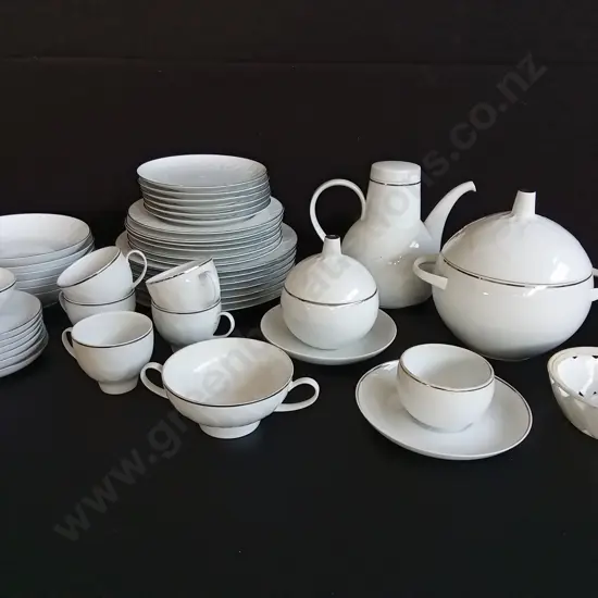 VINTAGE ROSENTHAL STUDIO LINE "LOTUS" PLATINUM TRIM DINNER & COFFEE SERVICE SET, MID CENTURY MODERN PORCELAIN, 44 PIECES