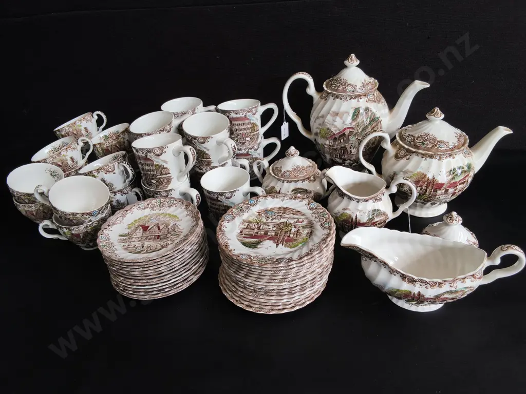 VINTAGE JOHNSON BROTHERS HERITAGE HALL IRONSTONE TEA AND DESSERT COFFEE SERVICE SET, 59 PIECES, TALLEST H 25 CM, DAMAGE Image 1++