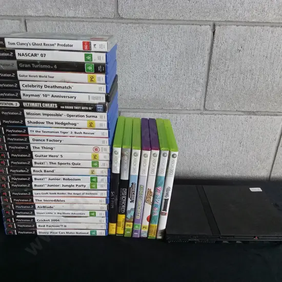 PLAYSTATION 2 SLIM, WITH COLLECTION OF GAMES INCLUDING SOME XBOX360 GAMES