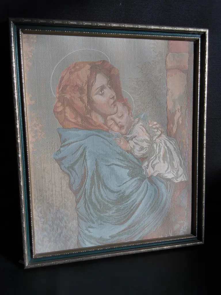 VINTAGE FRAMED ITALIAN JACQUARD TAPESTRY "MADONNINA" BY ROBERTO FERRUZZI, H 59 CM X W 48.5 CM Image 1++