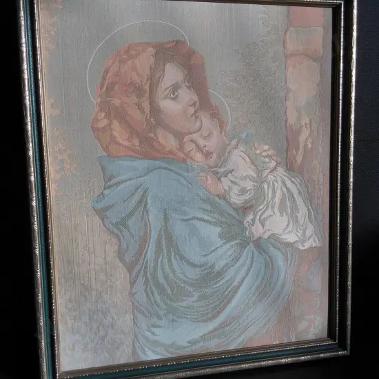VINTAGE FRAMED ITALIAN JACQUARD TAPESTRY "MADONNINA" BY ROBERTO FERRUZZI, H 59 CM X W 48.5 CM
