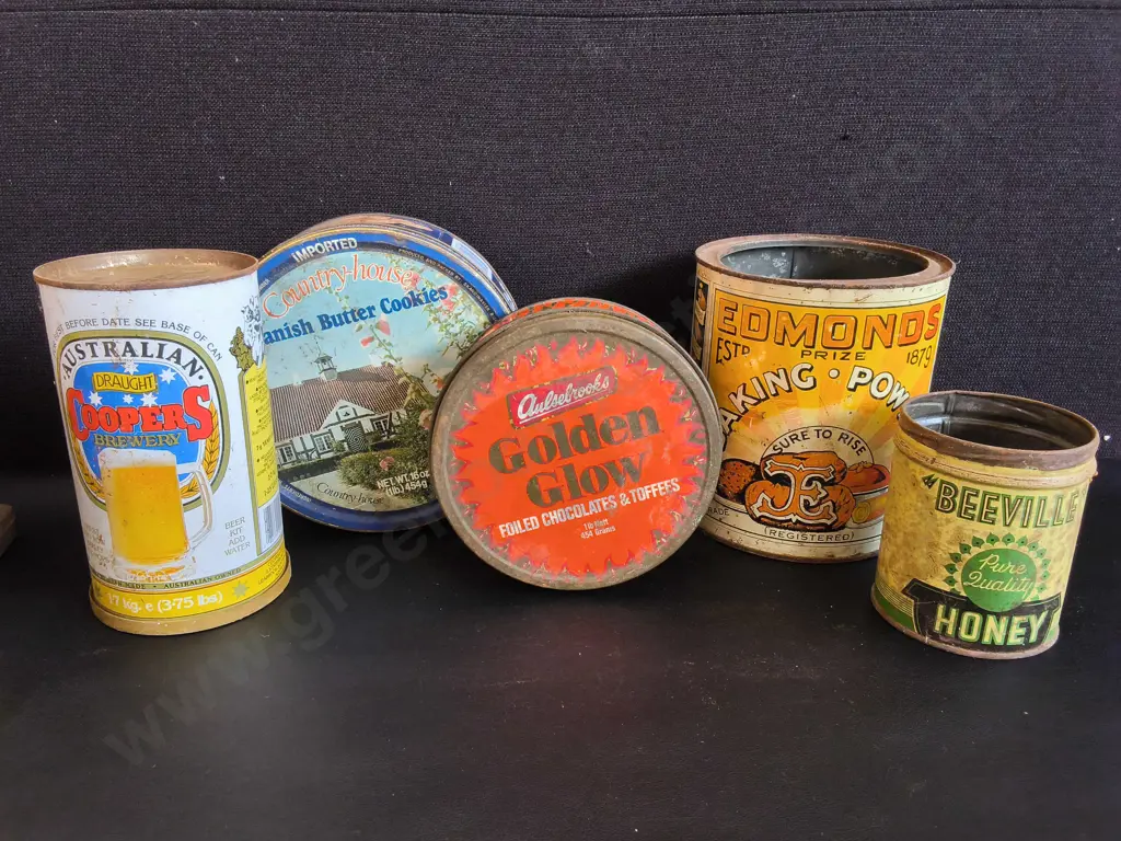 5 VINTAGE NEW ZEALAND ADVERTISING TINS, TALLEST H 18 CM Image 1++