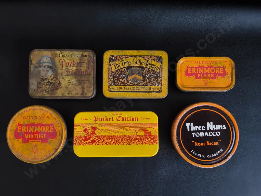 6 VINTAGE CIGARETTE AND TOBACCO TINS, WIDEST W 13.5 CM Image 1++