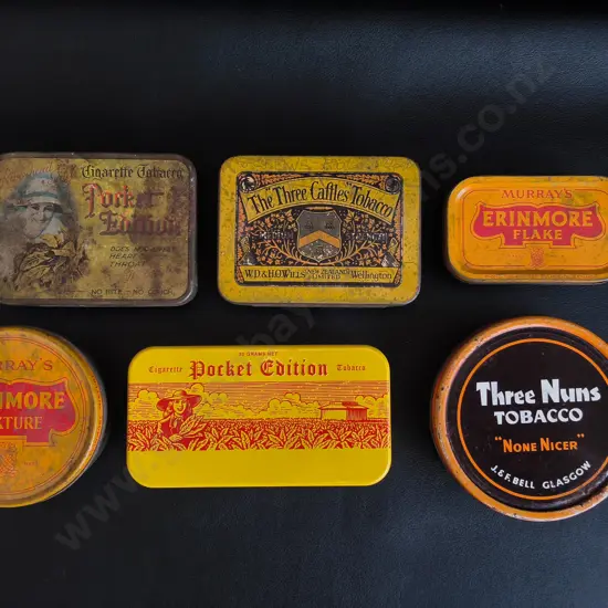 6 VINTAGE CIGARETTE AND TOBACCO TINS, WIDEST W 13.5 CM