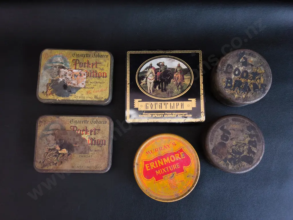 6 VINTAGE CIGARETTE AND TOBACCO TINS, WIDEST W 11 CM Image 1++