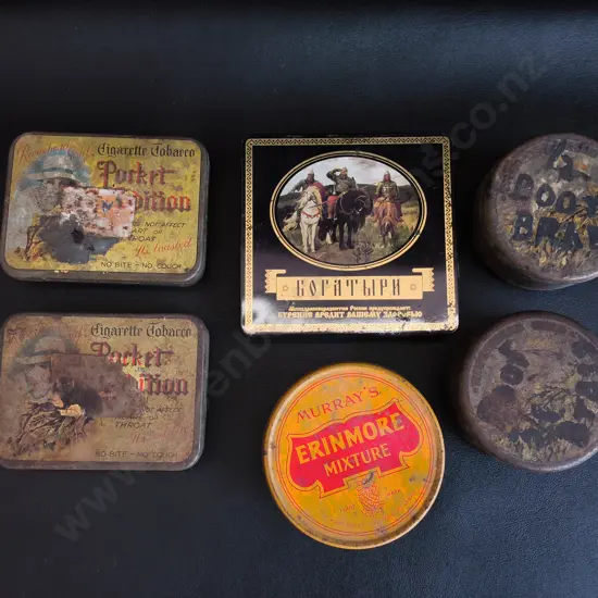 6 VINTAGE CIGARETTE AND TOBACCO TINS, WIDEST W 11 CM