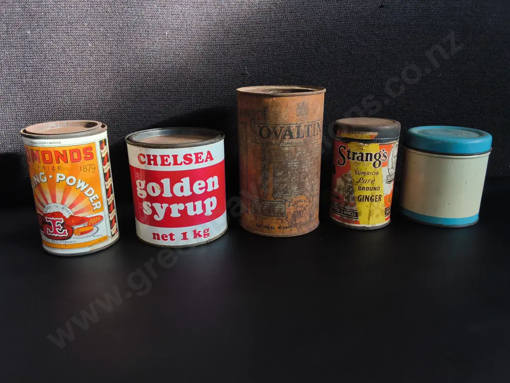 5 VINTAGE NEW ZEALAND GROCERY TINS, TALLEST H 15 CM Image 1++