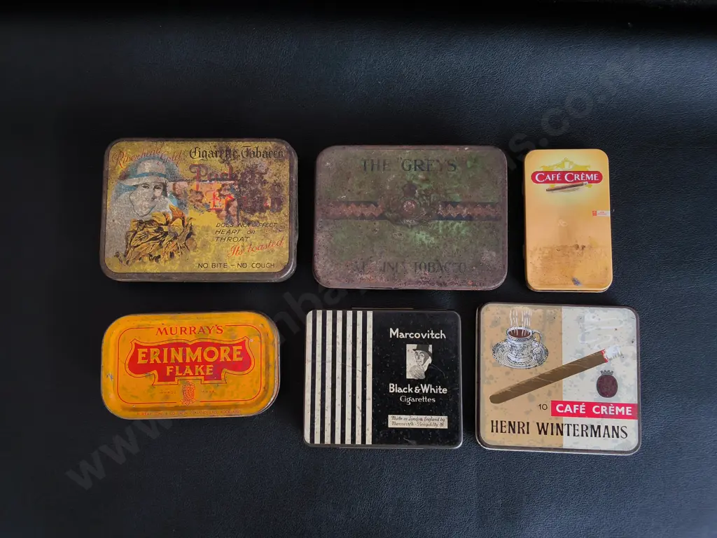 6 VINTAGE CIGARETTE AND TOBACCO TINS, WIDEST W 11 CM Image 1++