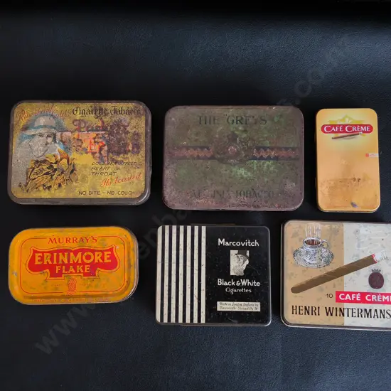 6 VINTAGE CIGARETTE AND TOBACCO TINS, WIDEST W 11 CM