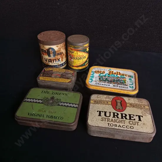 6 VINTAGE TOBACCO AND CINNAMON TINS, TALLEST H 8 CM