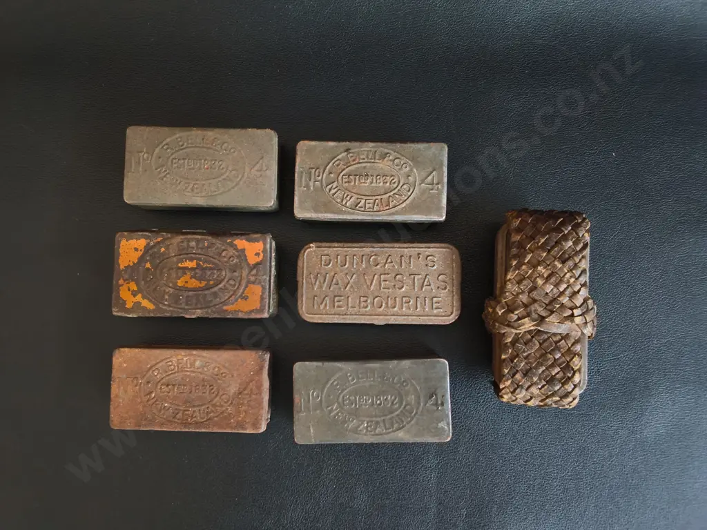 7 VINTAGE NZ  MATCHBOX TINS, WIDEST W 8 CM Image 1++