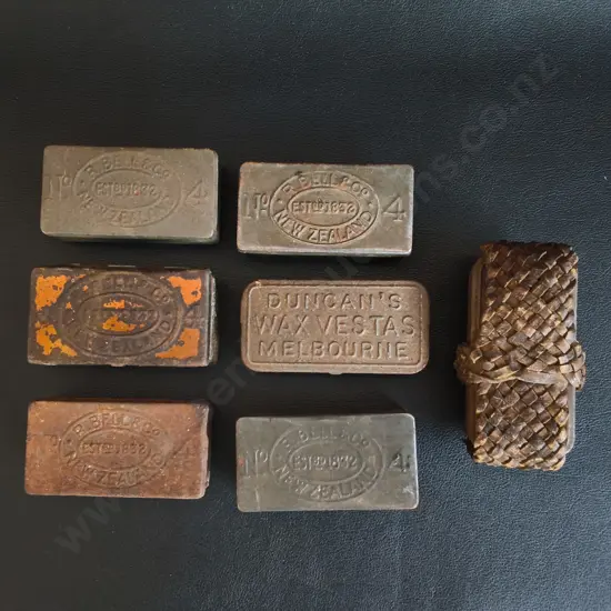 7 VINTAGE NZ  MATCHBOX TINS, WIDEST W 8 CM