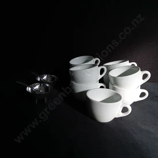 PAIR OF SILVER CONDIMENT BOWLS WITH SPOONS,AND SET OF 9 PORCELAIN ITALIAN COFFEE CUPS