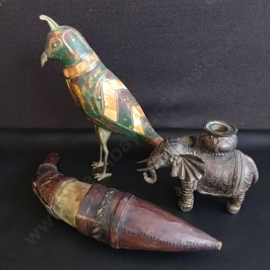3 VINTAGE HANDCRAFTED INDIAN ITEMS, BRASS TOENED ELEPHANT, TIKRI WOODEN BIRD, LEATHER HORN, TALLEST H 29 CM