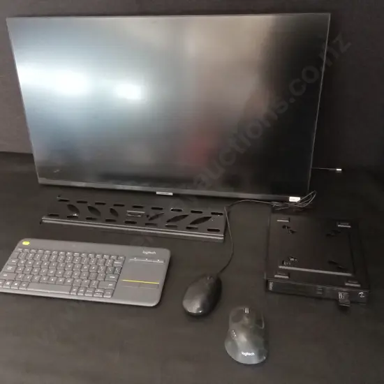 DESKTOP SETUP, INCLUDING LENOVO THINK CENTRE, AND SAMSUNG 32 INCH MONITOR/TV