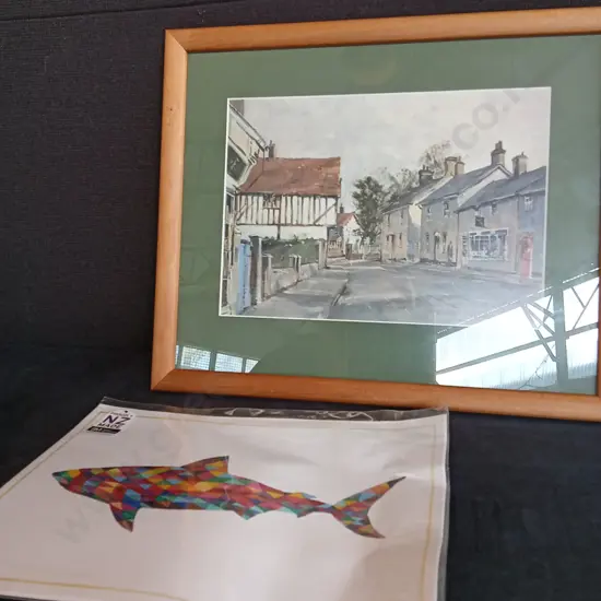 FRAMED PETER GILMAN 1984 BRITISH LANDSCAPE ARTWORK AND A SHARK PRINT BY BECKY MCEWEN