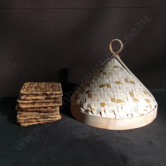 SET OF 8 WOVEN CANE COASTERS, AND BAMBOO FOOD COVER, TALLEST H 21 CM