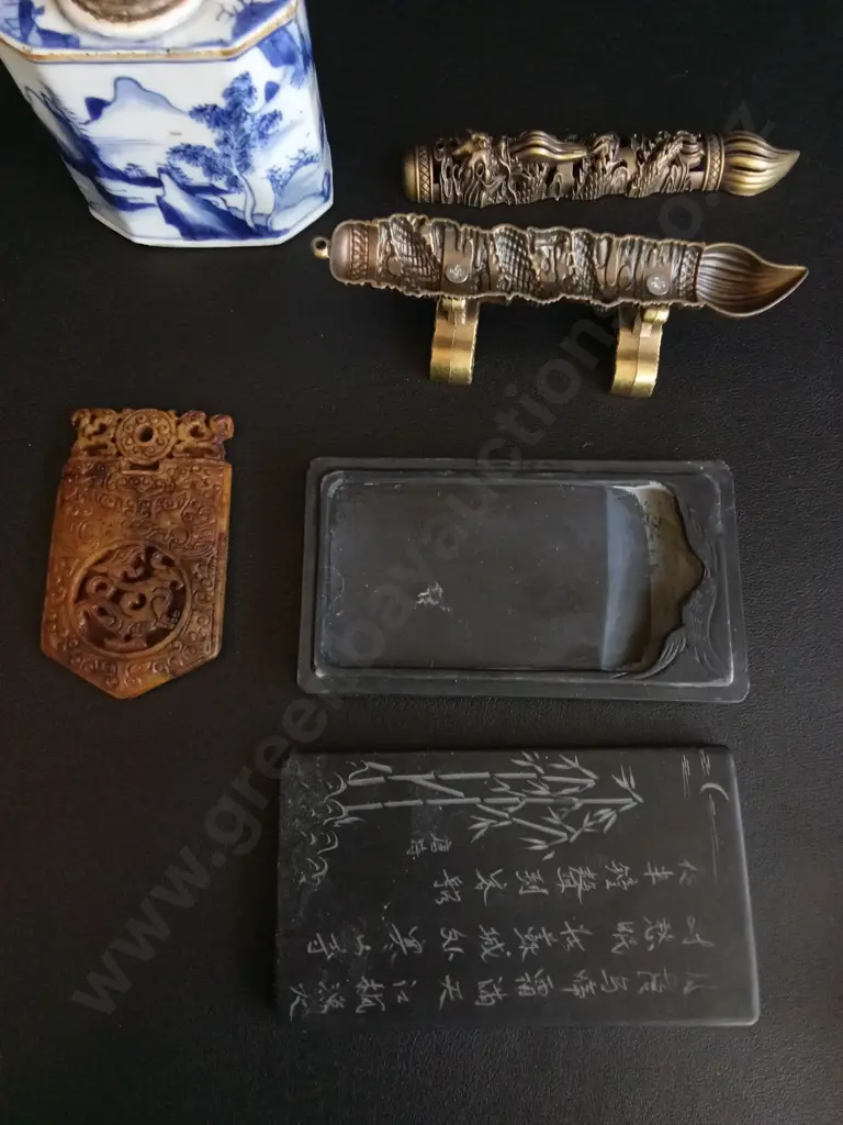 CHINESE CARVED STONE PLAQUE, INSCRIBED INKSTONE, PORCELAIN INKWELL, AND INCENSE BURNER, TALLEST H 11 CM Image 1++
