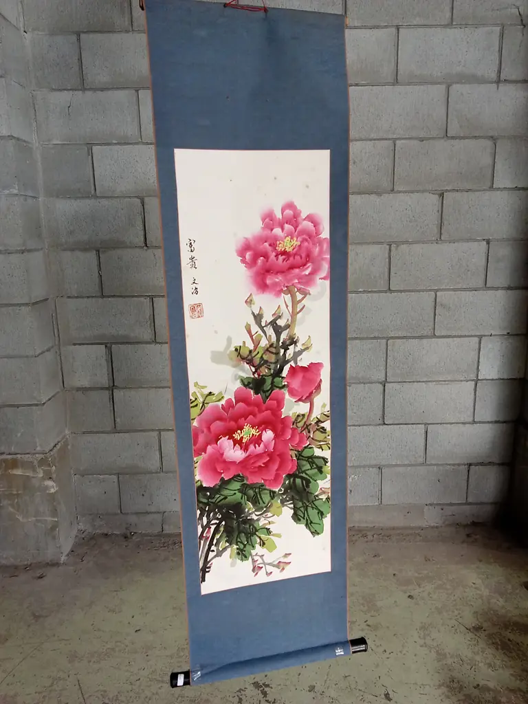 CHINESE SCROLL PAINTING FEATURING PINK AND RED PEONY FLOWERS Image 1++