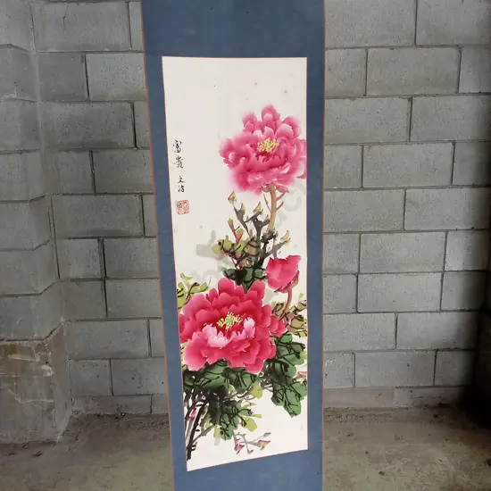 CHINESE SCROLL PAINTING FEATURING PINK AND RED PEONY FLOWERS