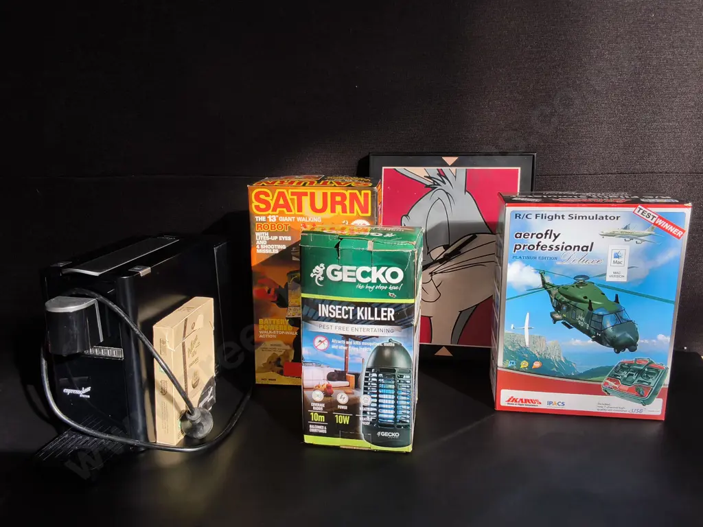 MISCELLANEOUS MIX OF ITEMS, CAPINO ESPRESSO MACHINE, INSECT KILLER, SATURN ROBOT, FLIGHT SIMLATOR, AND WALL DECOR Image 1++