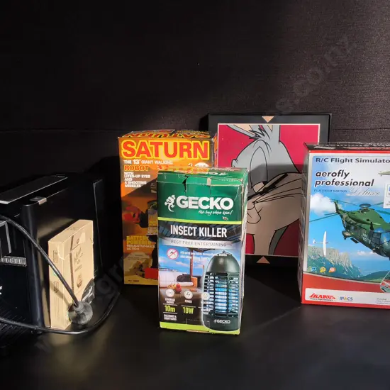 MISCELLANEOUS MIX OF ITEMS, CAPINO ESPRESSO MACHINE, INSECT KILLER, SATURN ROBOT, FLIGHT SIMLATOR, AND WALL DECOR
