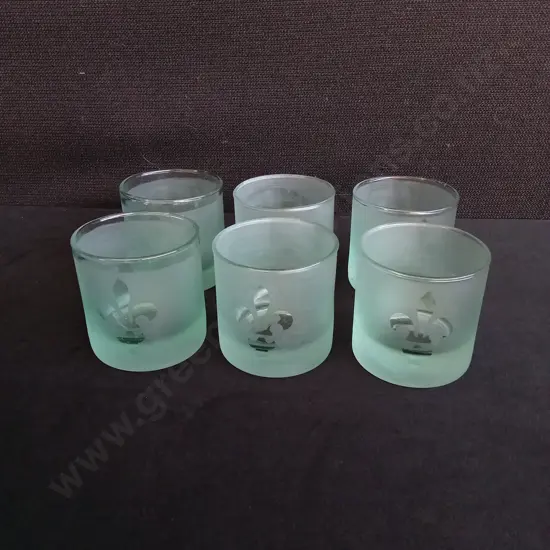 SET OF 6 MIGNON FAGET FLEUR DE LIS FROSTED GLASS CANDLE HOLDERS, H 6.5 CM