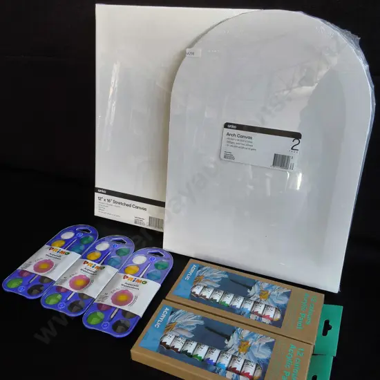 7 BRAND NEW PAINTING MATERIALS, CANVASES AND PAINTS