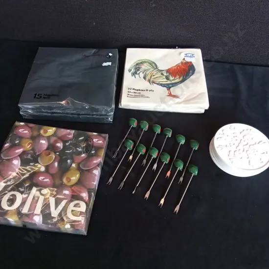RETRO OLIVE COCKTAIL FORKS COASTERS AND NAPKINS