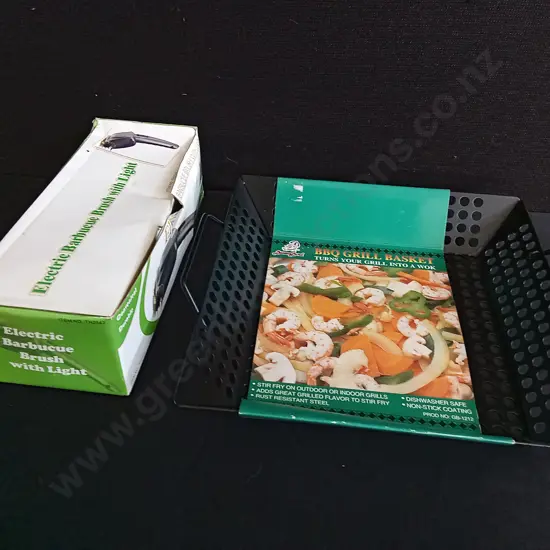 PAIR OF BRAND NEW BBQ ITEMS, INCLUDING GRILL BASKET, AND ELECTRIC BBQ BRUSH WITH LIGHT