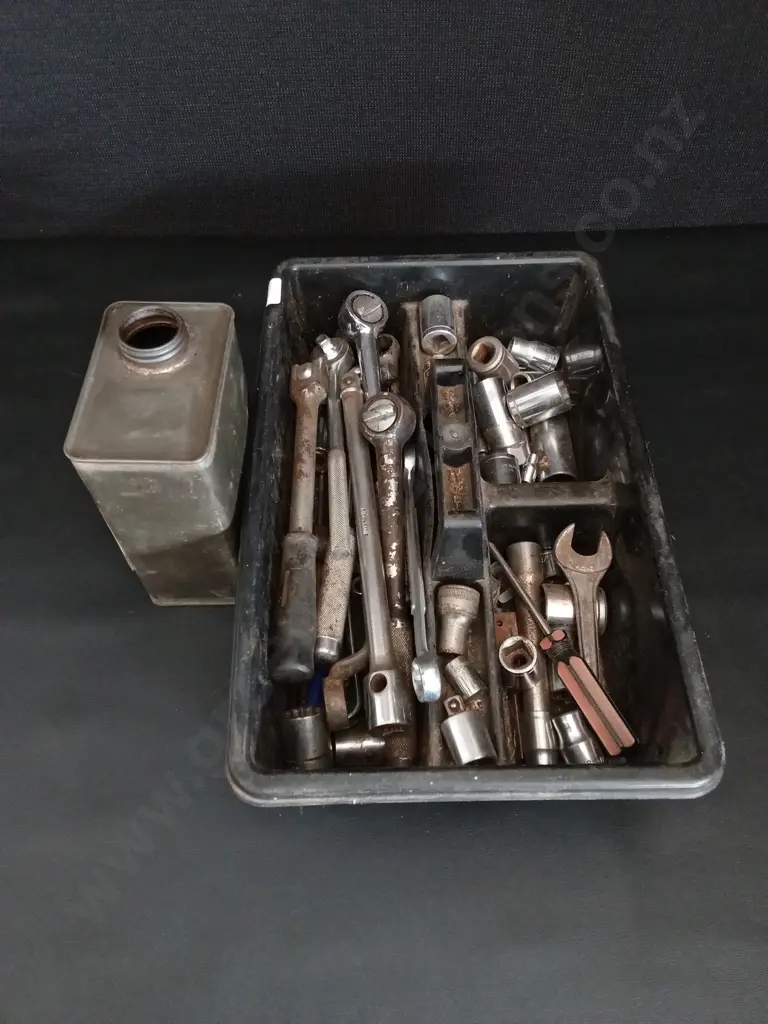 TRAY OF SOCKET WRENCHES, WRENCHES, AND TIN CONTAINER Image 1++