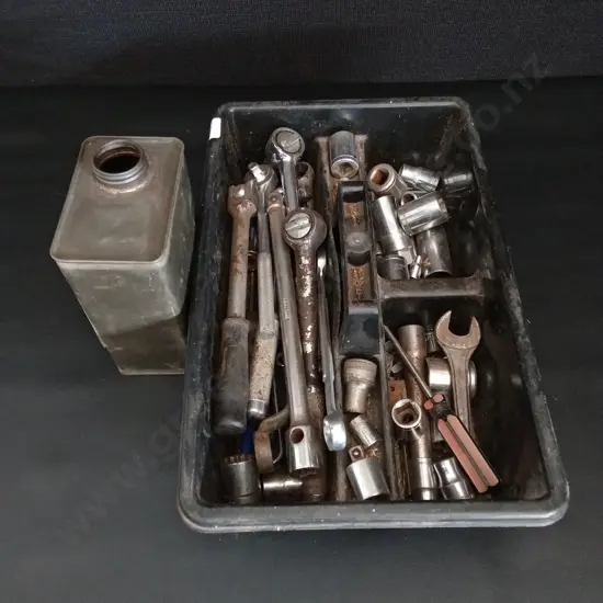 TRAY OF SOCKET WRENCHES, WRENCHES, AND TIN CONTAINER