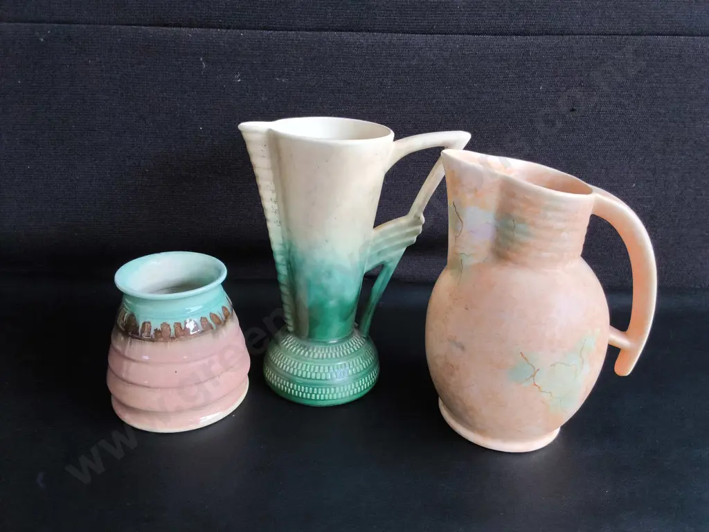 VINTAGE ART DECO ENGLISH POTTERY, 3 VASES, INCLUDING BESWICK, TALLEST H 24 CM Image 1++