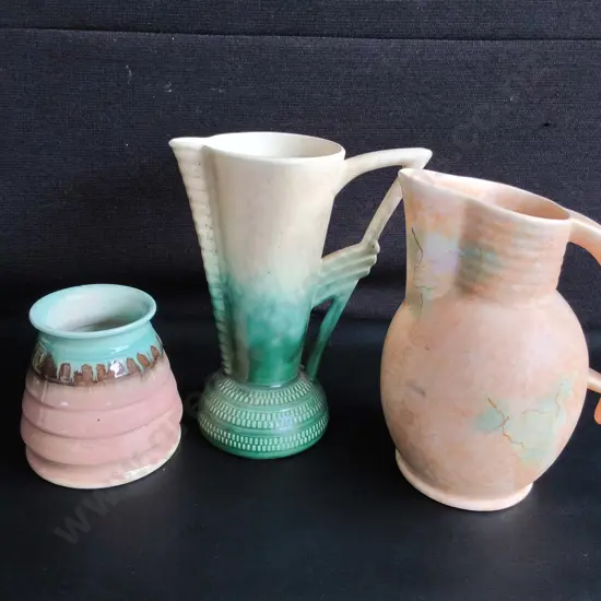 VINTAGE ART DECO ENGLISH POTTERY, 3 VASES, INCLUDING BESWICK, TALLEST H 24 CM