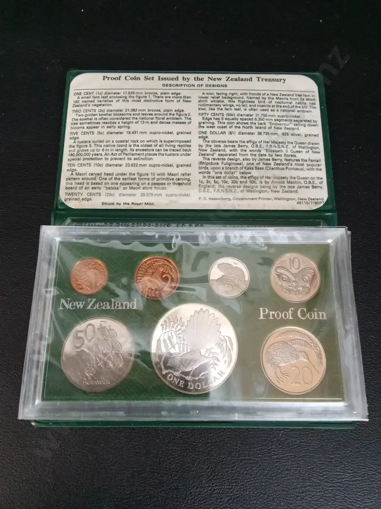1980 NEW ZEALAND ANNUAL PROOF COIN "FANTAIL" SET INCLUDING STIRLING SILVER $1 COIN Image 1++