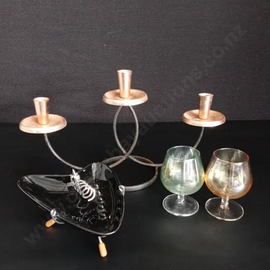 VINTAGE CANDELABRA, BOOMERANG ASHTRAY AND 2 GLASSES