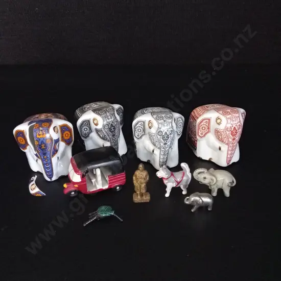 6 MINIATURES TALLEST 3CM AND 4 PORCELAIN ELEPHANTS H5CM ONE BROKEN, PIECE INCLUDED