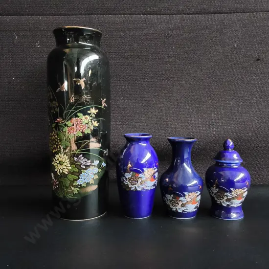 VINTAGE ASIAN COBALT BLUE KUTANI STYLE MINIATURE VASES AND GINGER JAR SET, AND JAPANESE BITŌ BLACK FLORAL VASE