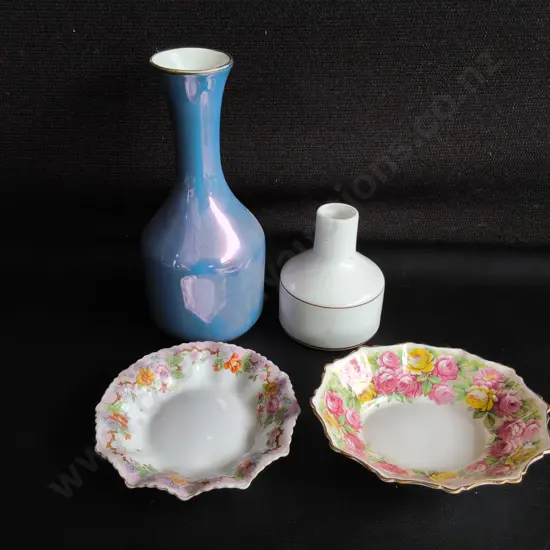 VINTAGE PORCELAIN DECOR, 4 PIECES, INCLUDING ROYAL STAFFORD ROSANNE DISH, BUTLER'S SELTMANN WEIDEN CERAMCI BOTTLE, ETC.