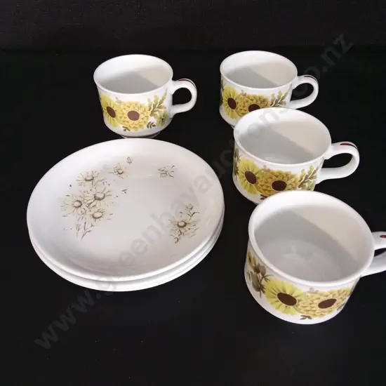 3 ALFRED MEAKIN SAUCERS AND 4 MUGS IN A SUNFLOWER PATTERN