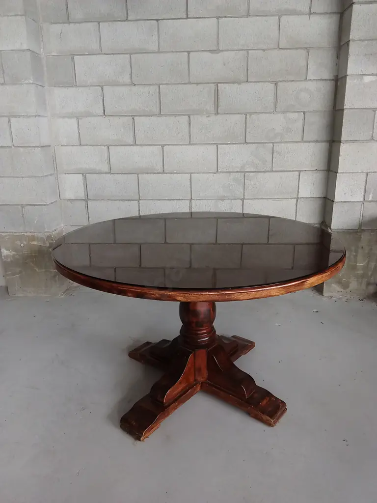 GLASS TOP WOODEN DINING TABLE WITH SET OF 6 CHAIRS, 123CM DIAMETER Image 1++