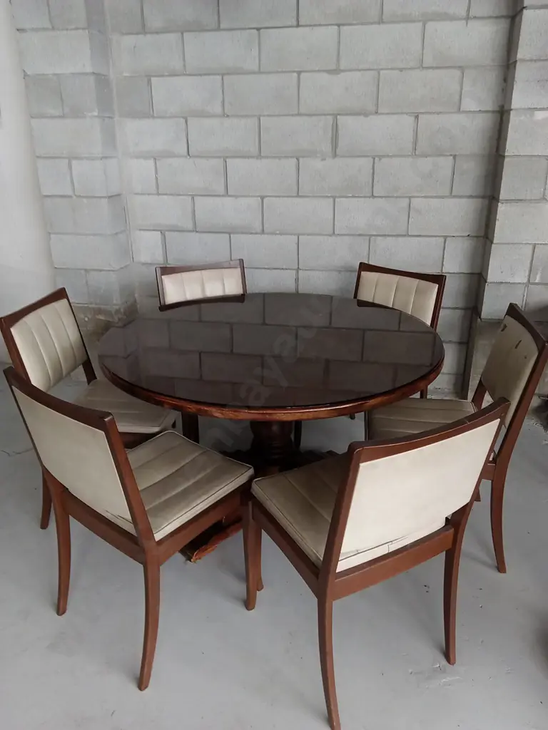 GLASS TOP WOODEN DINING TABLE WITH SET OF 6 CHAIRS, 123CM DIAMETER Image 1++