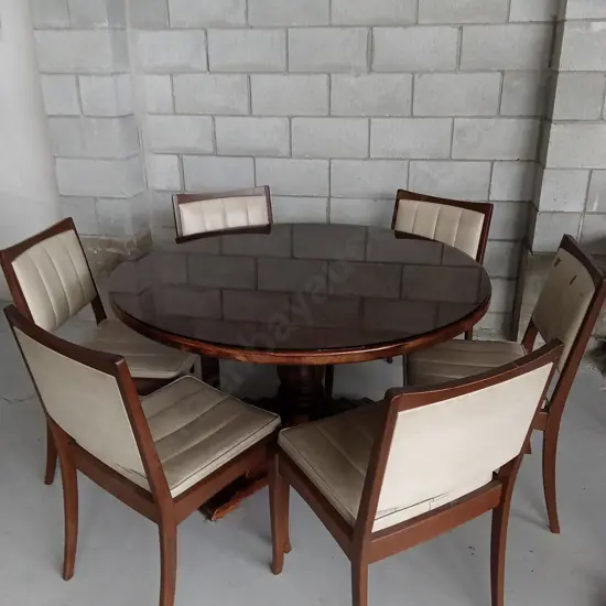 GLASS TOP WOODEN DINING TABLE WITH SET OF 6 CHAIRS, 123CM DIAMETER