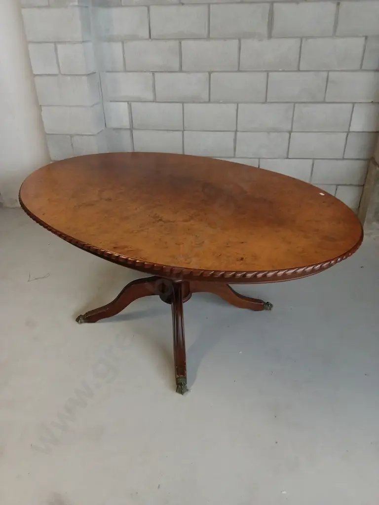 VINTAGE WALNUT BURL VENEER OVAL 8 SEATER DINING TABLE WITH CARVED EDGES, AND 8 CUSHIONED CHAIRS, L 170CM X W 118CM Image 1++