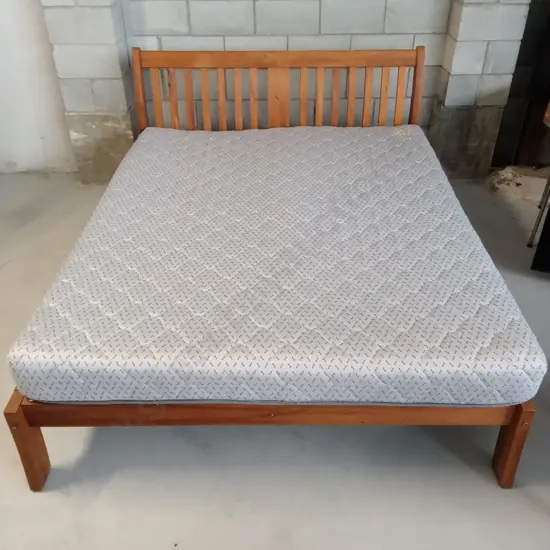 WOODEN BED FRAME AND MATTRESS, 167CM X 200CM