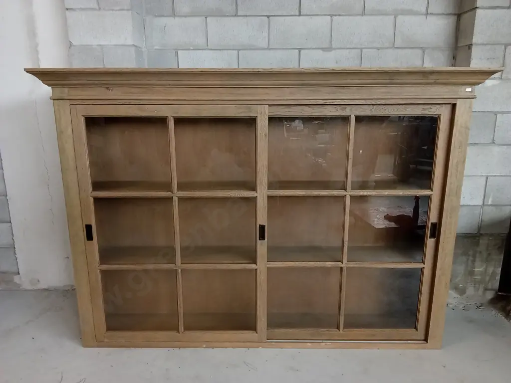 WOODEN DISPLAY CABINET WITH MULTI PANE GLASS SLIDING DOORS, L 222CM X W 39CM X H 155CM Image 1++
